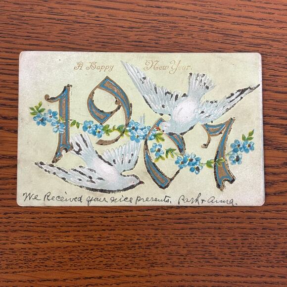 Antique Happy New Year Holiday Postcards Lot of 5 Early 1900s 1907 Gilt Embossed - Picture 2 of 13
